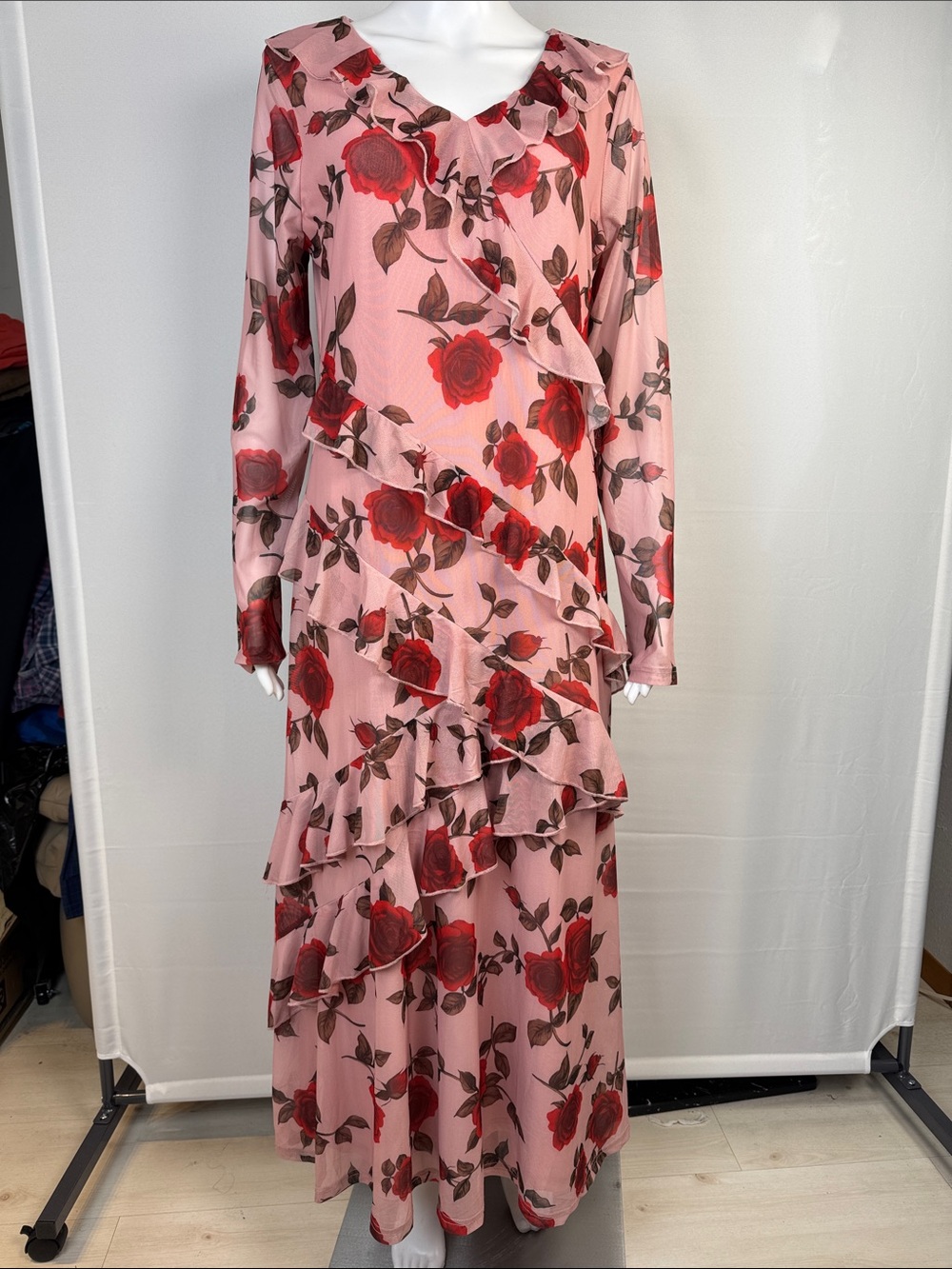 NEW Pink Floral Ruffle Maxi Dress with Red Rose Print